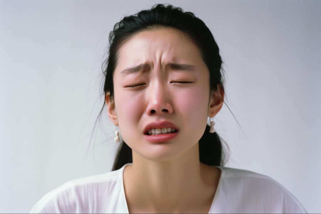 眉間にシワを寄せて泣きそうな顔をしている女性