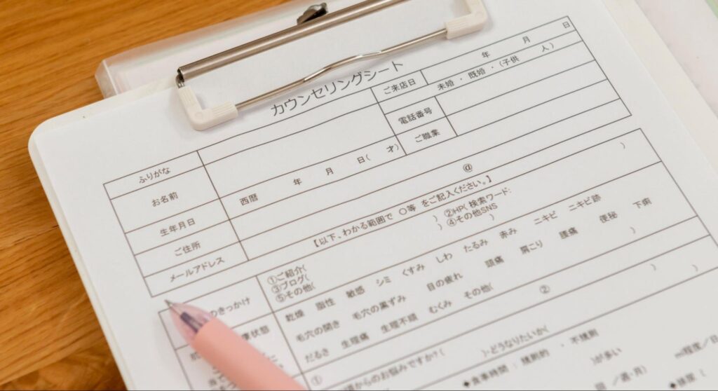 カウンセリングシートに記入する手元